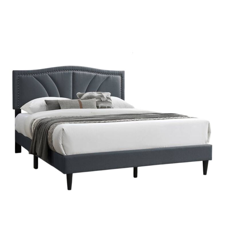 Reo Queen Size Bed, Charcoal Gray Burlap Upholstered Curved Headboard - Benzara