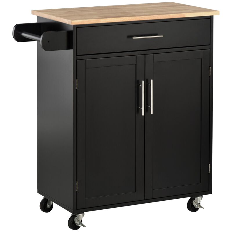 Black Kitchen Trolley: Portable Storage with Rubberwood Top