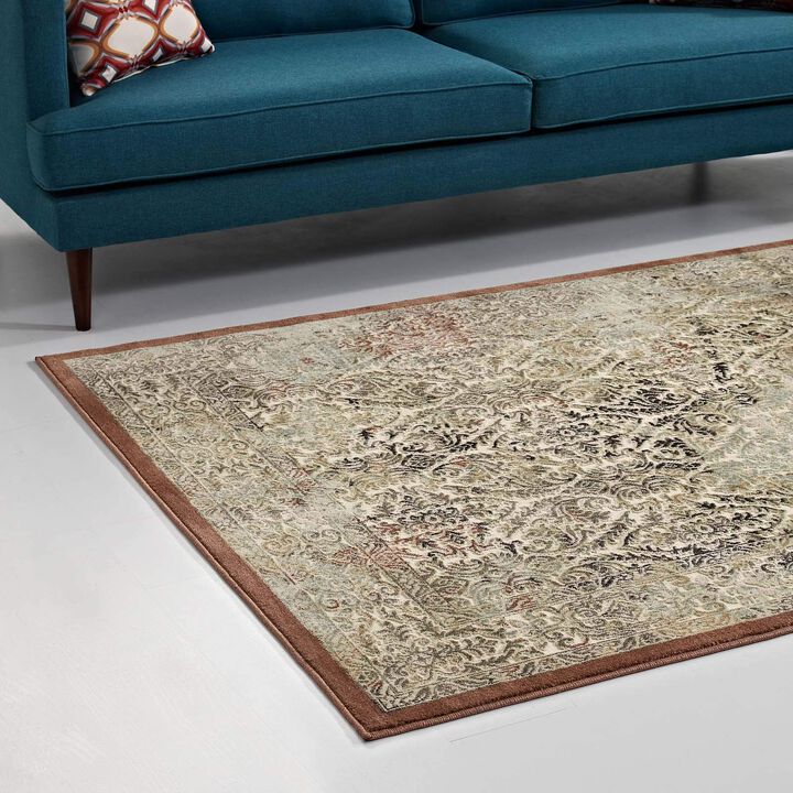 Modway Hester Ornate Turkish 5x8 Vintage Area Rug in Tan and Walnut Brown