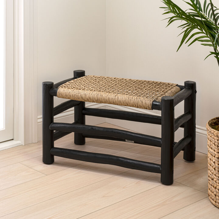 Chuck Coastal Bohemian Handcrafted Indoor/Outdoor Teak Wood Accent Stool with Woven Seat