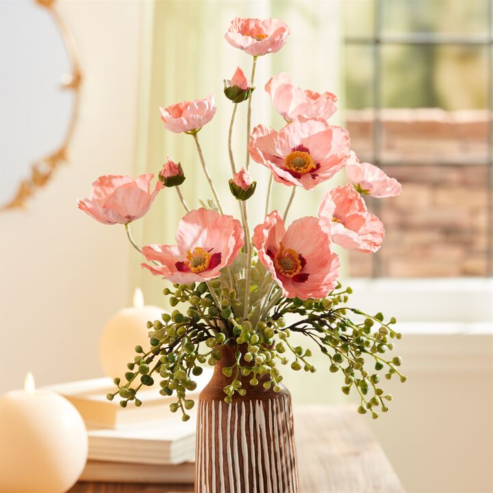 Decorative Poppy Floral Spray Set of 6 for Tabletop, Mantel, or Entryway Styling