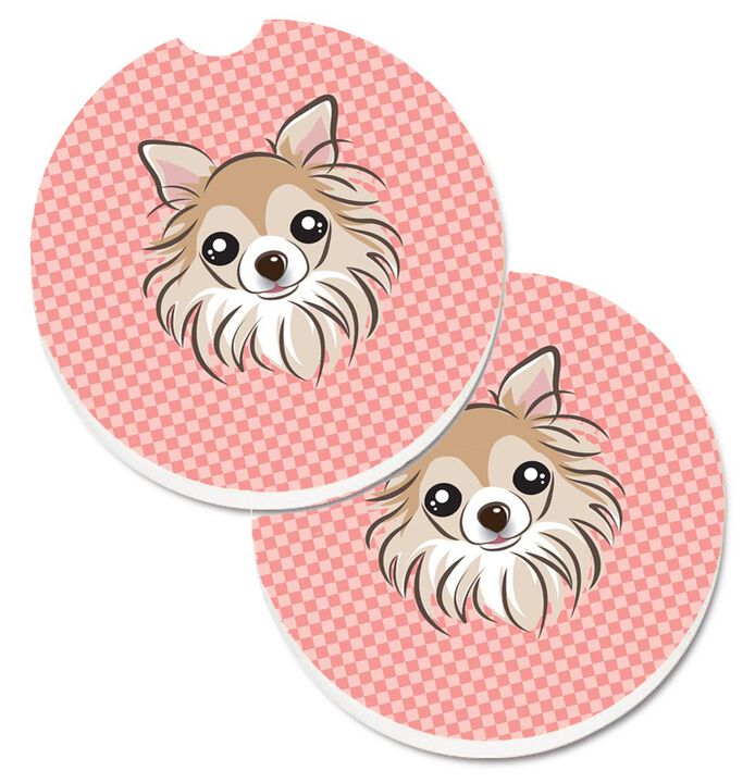 Caroline's Treasures Checkerboard Pink Chihuahua Set of 2 Cup Holder Car Coasters BB1251CARC, 2.56, Multicolor