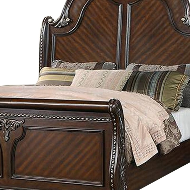 Qoz Wood Queen Size Bed with Carved Trim, Scalloped Headboard, Brown  - Benzara