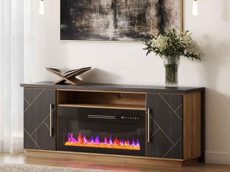 BELLEZE 68 Inch Electric Fireplace TV Stand With Gold Grim, Elegant Entertainment Center With Storage, Media Console With Drawers & Open Shelves for Living Room, Bedroom Home Theater (Espresso Black)