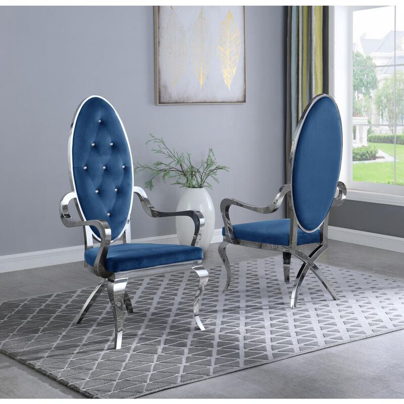 Best Quality Furniture Navy Blue Velvet Tufted Arm Dining Chairs, Stainless Steel Legs - Set Of 2