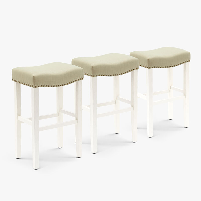 WestinTrends 29" Upholstered Saddle Seat Antique White Bar Stool (Set of 3)