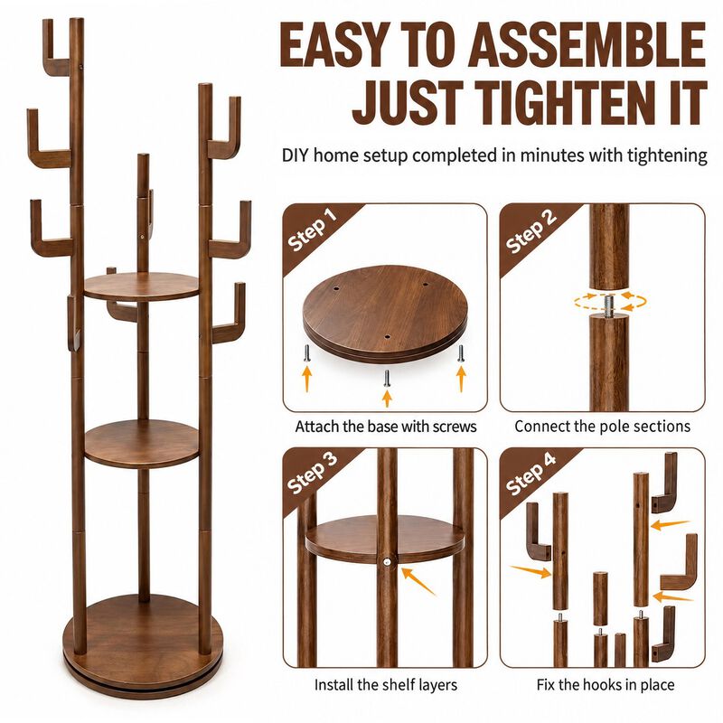 Solid Rubberwood Rotating Coat Rack with 3 Shelves and 9 Hooks, Walnut Coat Tree image number 3