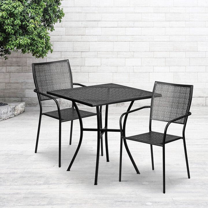 Flash Furniture Commercial Grade 28" Square Black Indoor-Outdoor Steel Patio Table Set with 2 Square Back Chairs