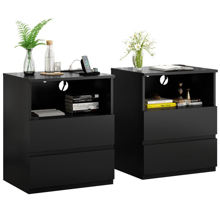 GOODSILO Set of 2 Practical End Tables with Fast USB C Charging Station, Sofa Side Tables with 2 Drawers & Large Storage for Living Room, Bedroom, Office
