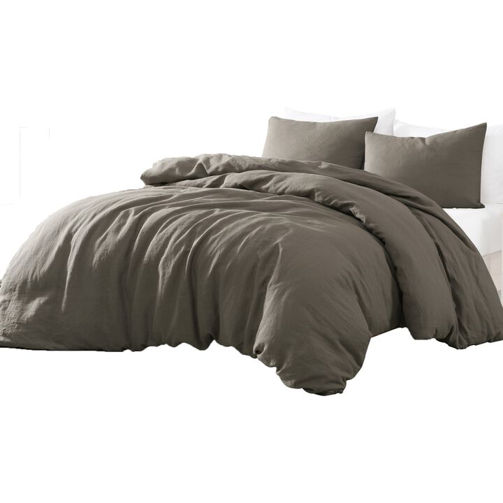 Edge 4 Piece Queen Size Duvet Comforter Set, Washed Linen, Charcoal Gray - Benzara