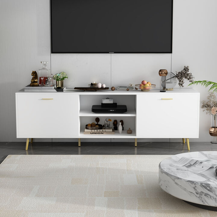 69 in. W White Wood TV Stand Console Entertainment Center for TV up to 75 in.