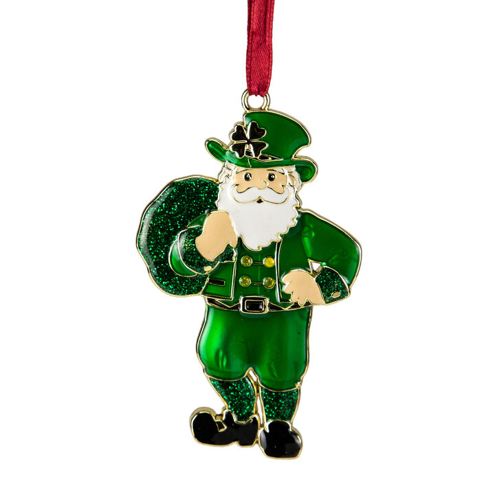 3.5" Green Brass-Plated Irish Santa Christmas Ornament with European Crystals