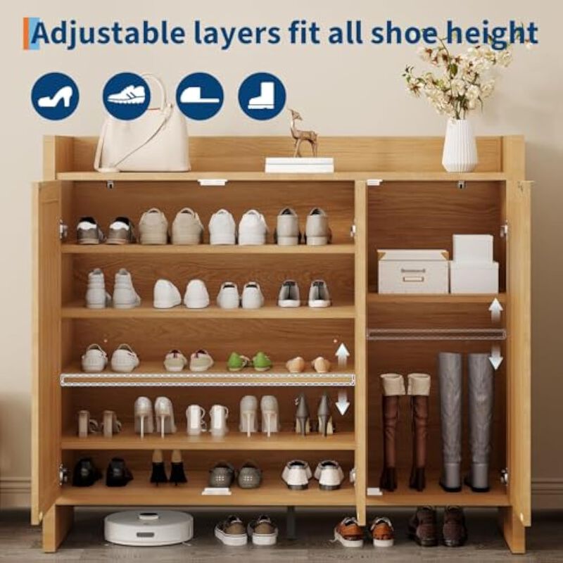 Entryway Wood Shoe Storage Cabinet Adjustable Shelves Oak Rattan image number 3