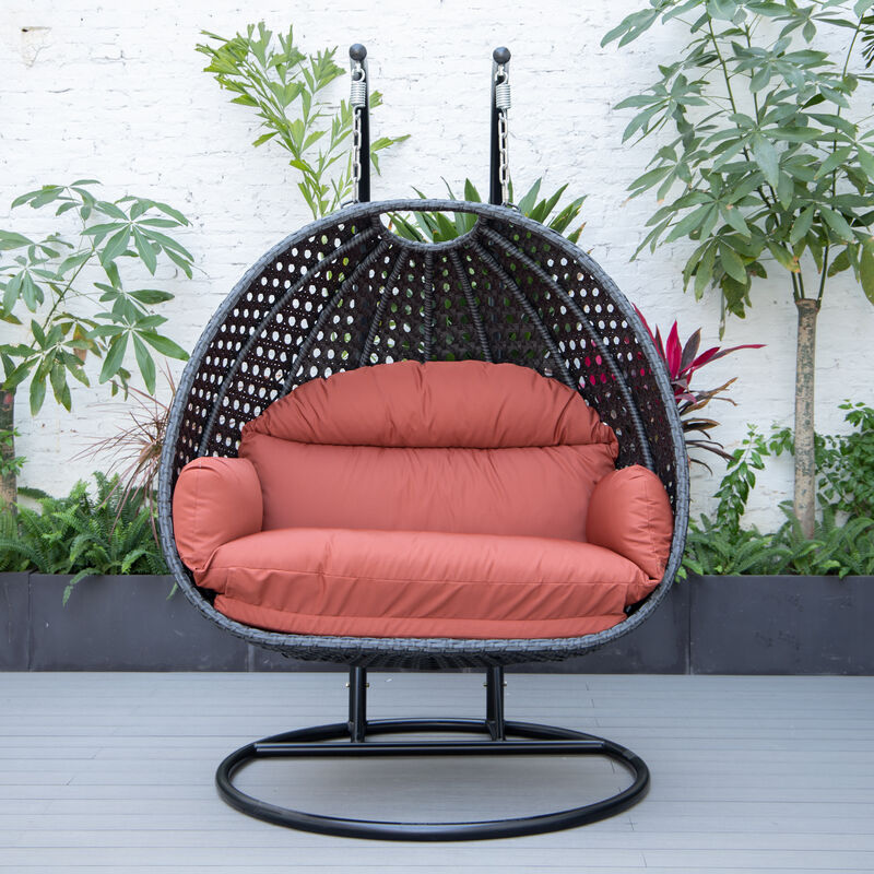 LeisureMod Mendoza Charcoal Modern Wicker Hanging 2 person Egg Swing Chair Removable Cushion image number 2