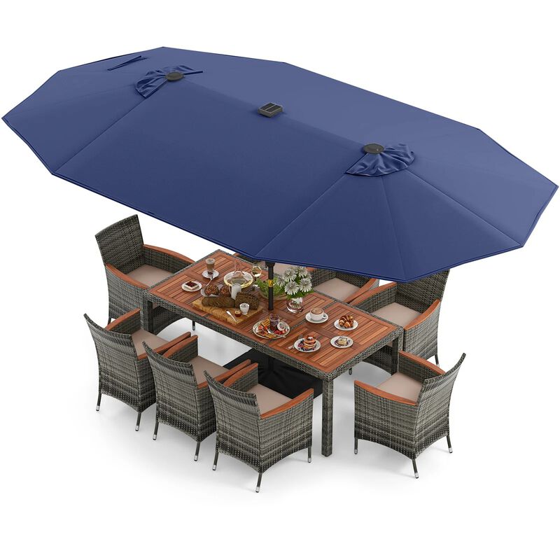 Mondawe 9-Piece Patio Dining Set,71" Acacia Table With 15ft Solar LED Umbrella & PE Rattan Chairs