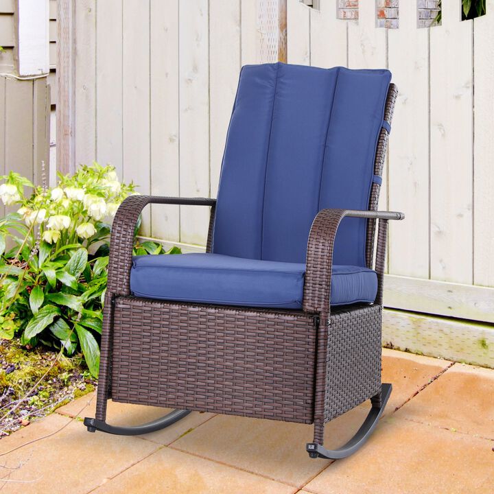 Blue Outdoor Rattan Wicker Rocking Chair: Patio Recliner with Soft Cushion, Adjustable Footrest, Max. 135 Degree Backrest