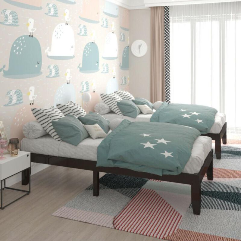 Hivvago Twin Size Rubber Wood Platform Bed Frame with Wood Slat Support