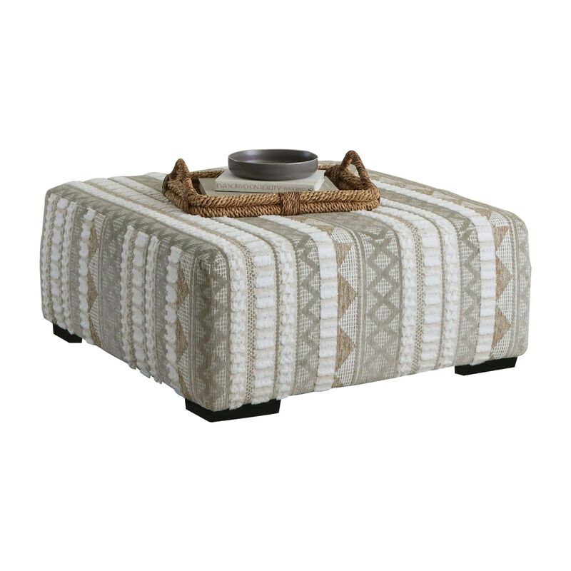 Phan Ottoman, Plush Ivory Chenille, Elegant Lined Pattern, 41 Inch - Benzara