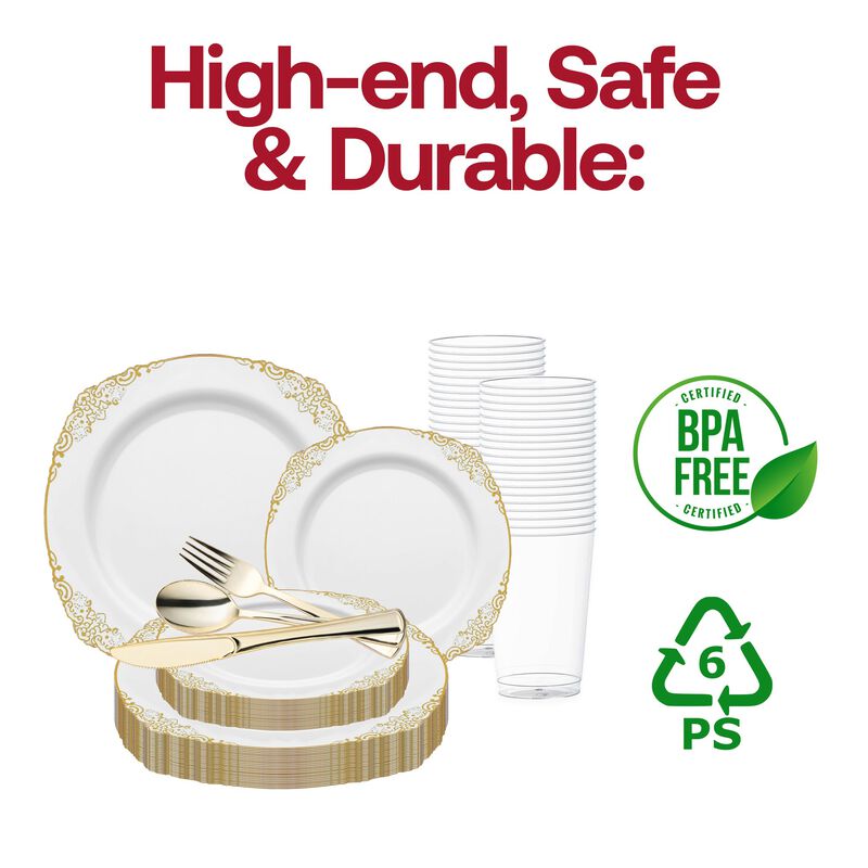 White with Gold Fancy Round Plastic Wedding Value Set (60 Sets) image number 4