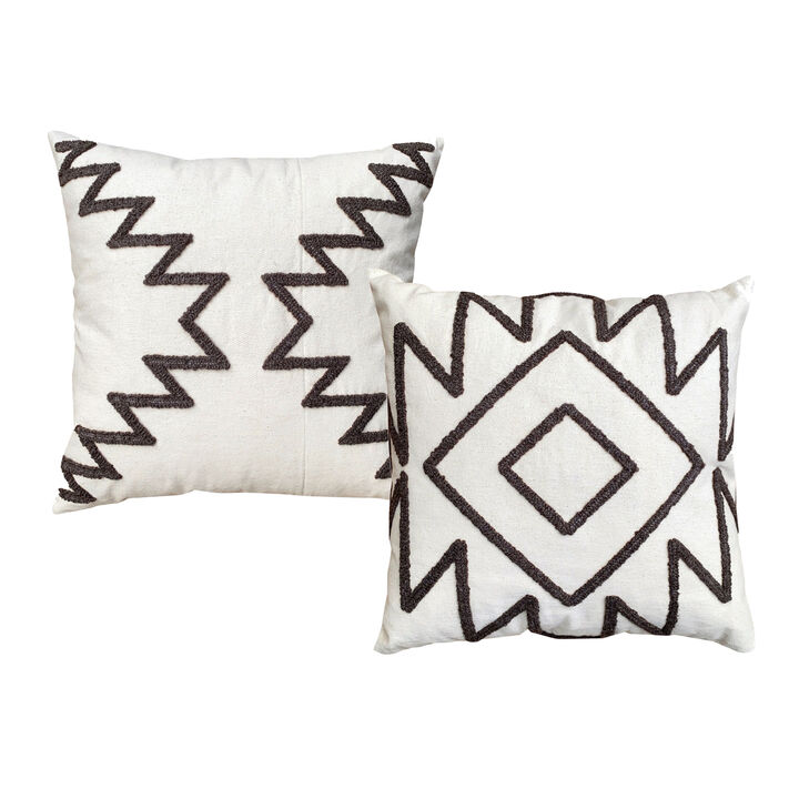 17 x 17 Inch 2 Piece Square Cotton Accent Throw Pillow Set with Modern Geometric Aztec Design Embroidery, White, Gray