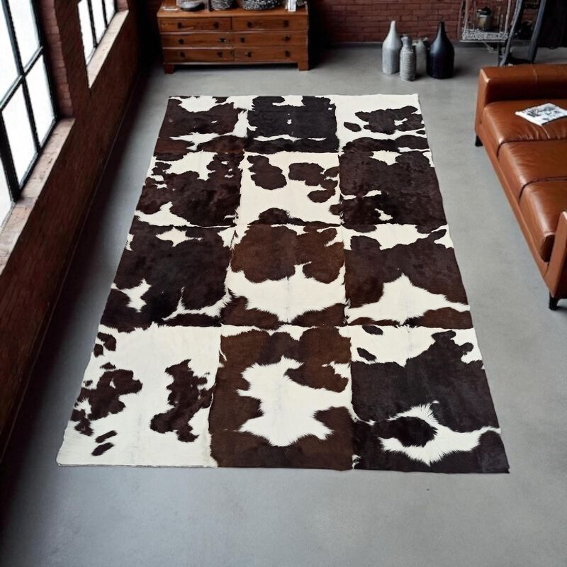 Brown and White Patchwork Cowhide Rug image number 1