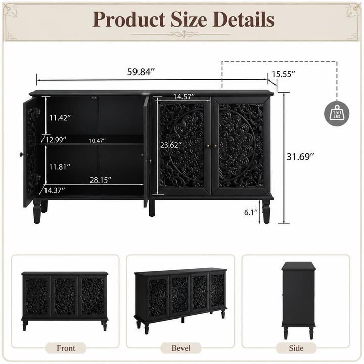 GOODSILO 60 Inch Antique Floral Carved Buffet Cabinet, Adjustable Shelves Multi-Functional TV Stand Sideboard Storage for Living Dining Room