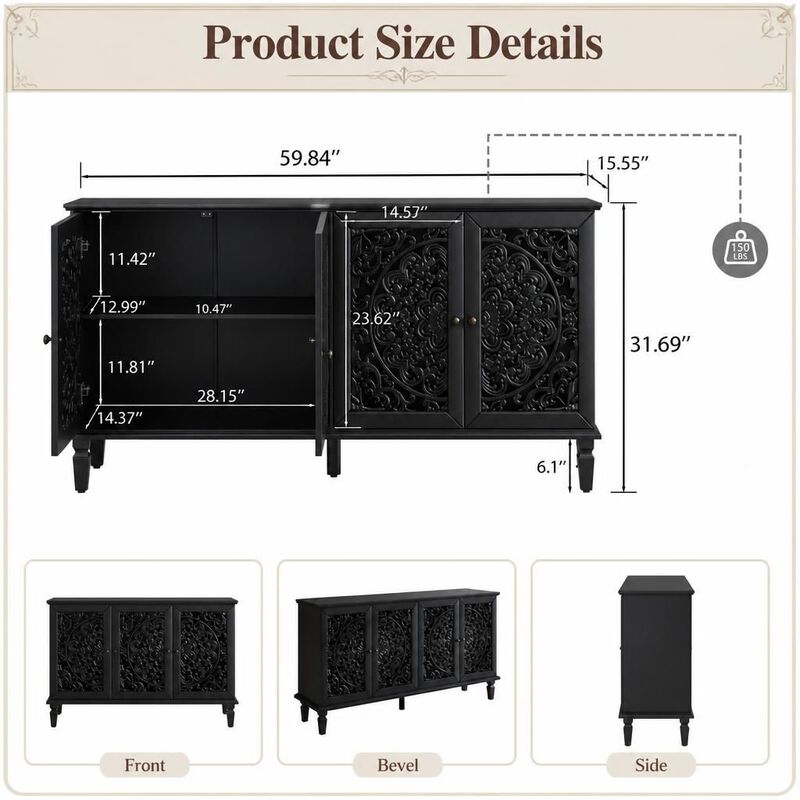 60" Antique Floral Carved Buffet Cabinet image number 1