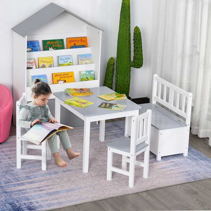 4-Piece Set Kids Wood Table Chair Bench with Storage Function Easy to Clean Gift for Girls Boys Toddlers Age 3 Years up Grey and White
