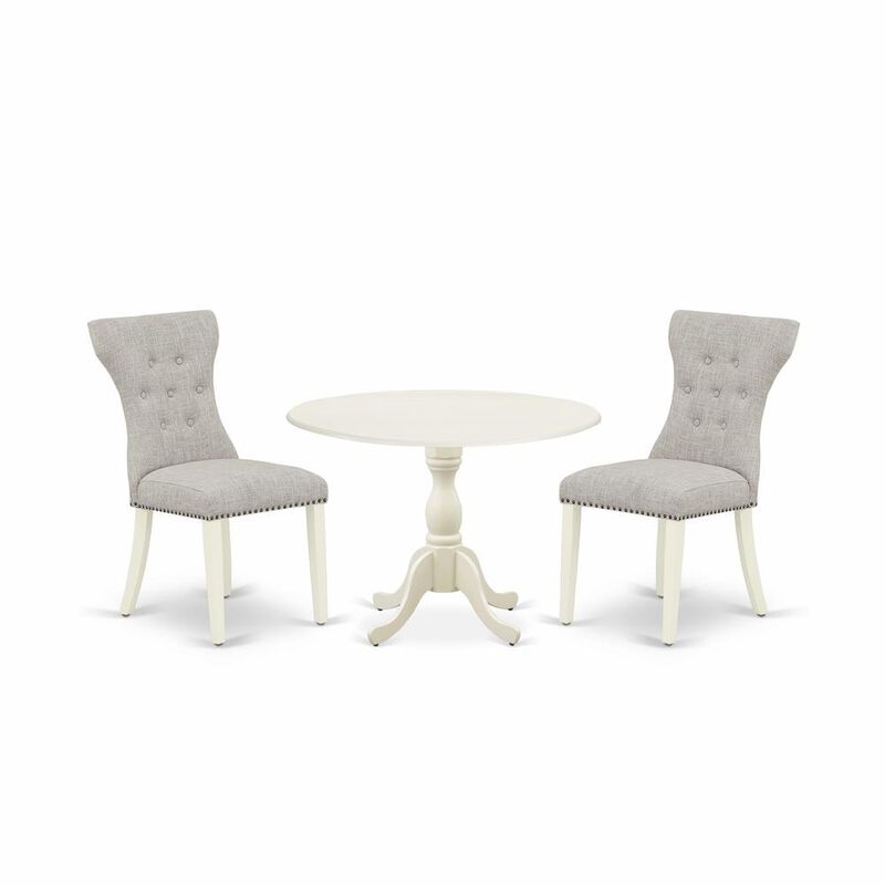 East West Furniture DMGA3-LWH-35 3 Piece Kitchen Table Set Contains 1 Drop Leaves Dining Table and 2 Doeskin Linen Fabric Parsons Chair Button Tufted Back with Nail Heads - Linen White Finish