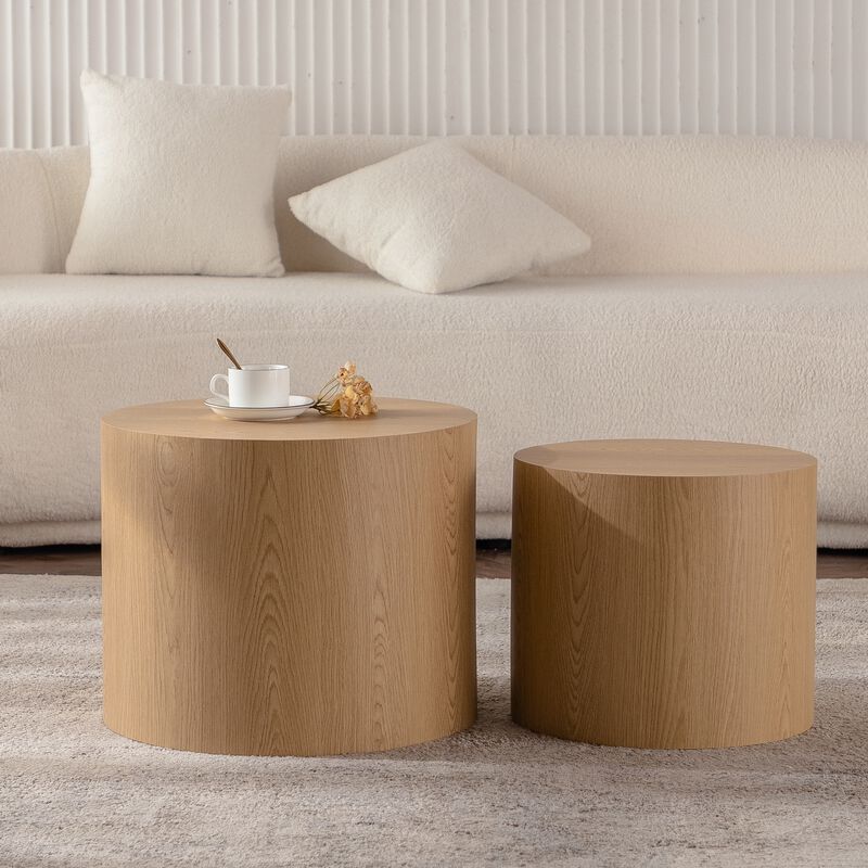 Modern Round Drum Nesting Coffee Table Set of 2, Wooden Cylinder Coffee Tables for Living Room, Space-Saving Design image number 2