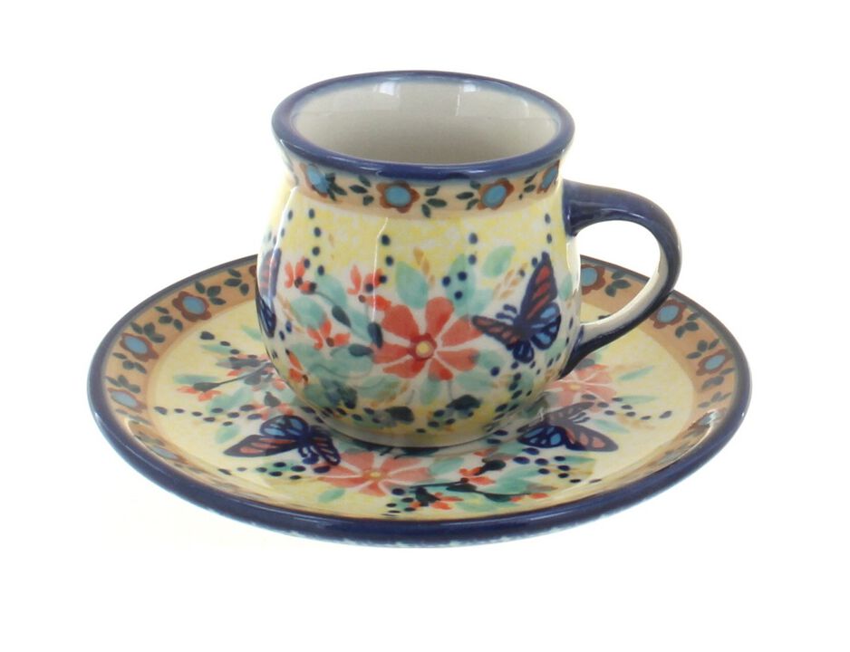Blue Rose Polish Pottery Peach Blossom Espresso Cup & Saucer