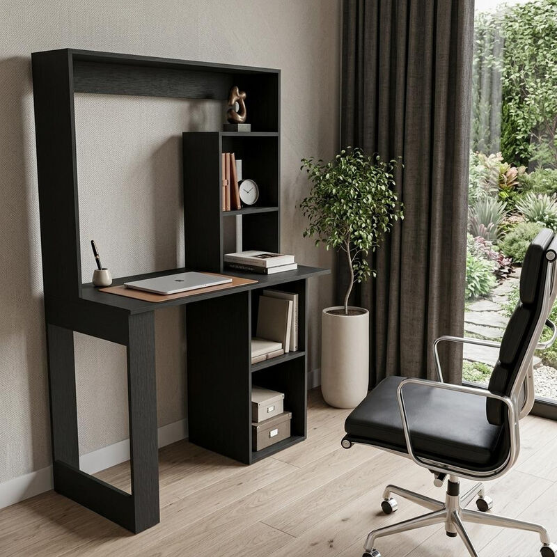 HomeRoots 58" Black Wood Computer Desk With Hutch image number 1