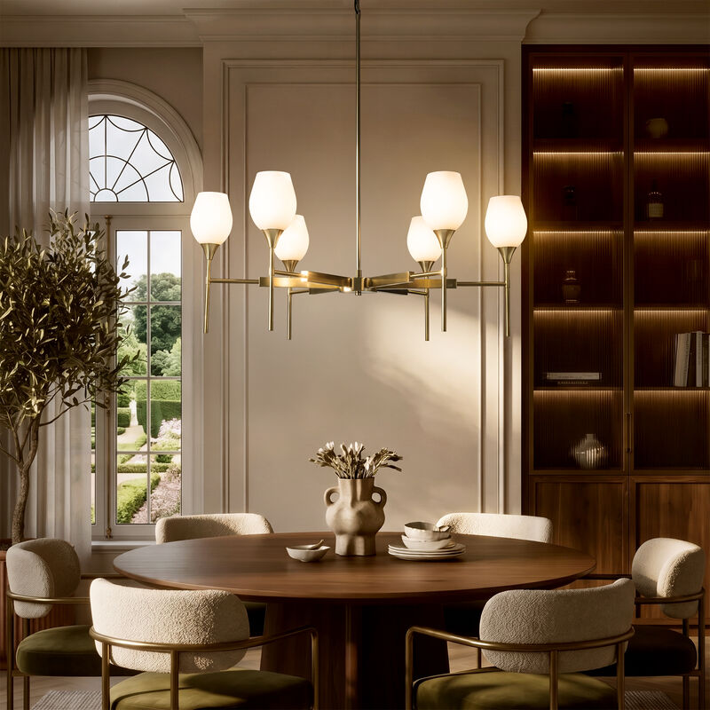 6-Light Classic Warm Brass Chandelier with Opal Glass Shades For Dining Room image number 2