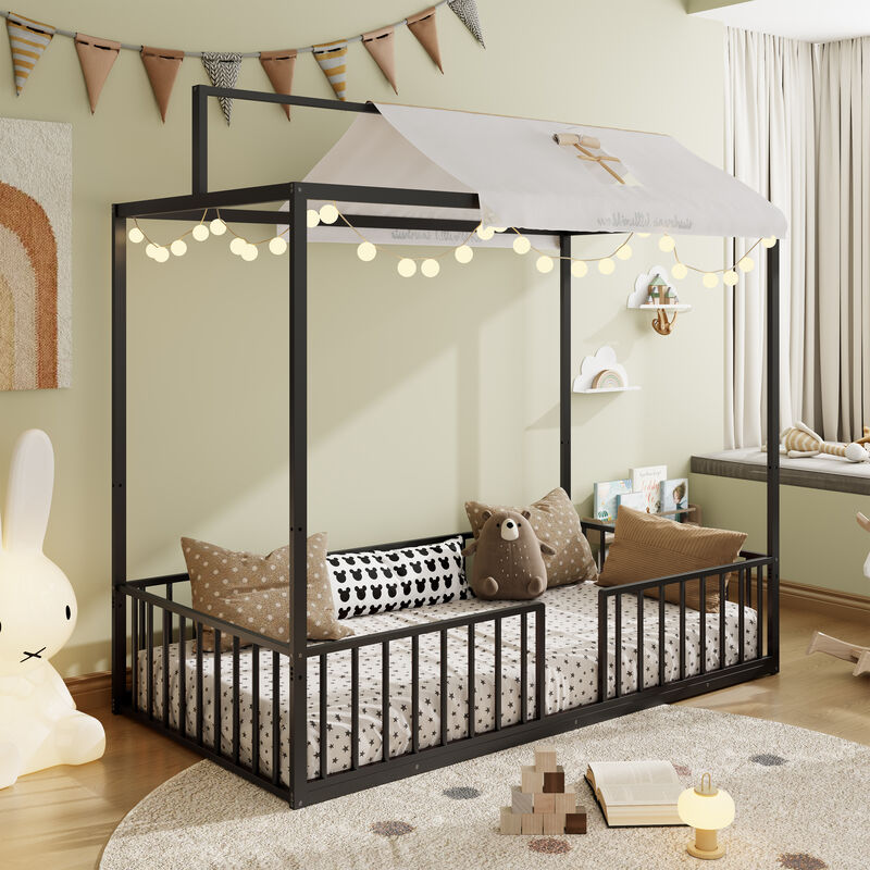 Merax Convertible Montessori Metal floor bed,Fenced toddler bed
