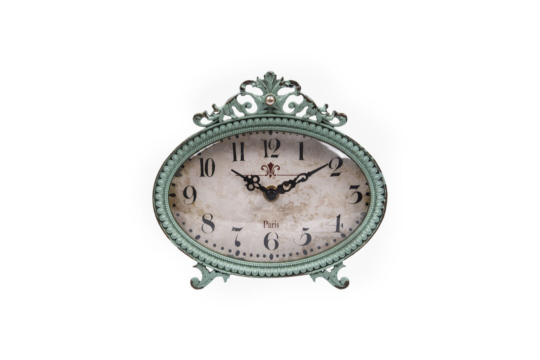 Decorative Antiqued Pewter Mantel Clock, Aqua Blue