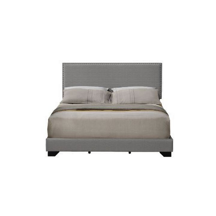 Queen Size Bed with Fabric Upholstery and Nailhead Accent, Gray - Benzara