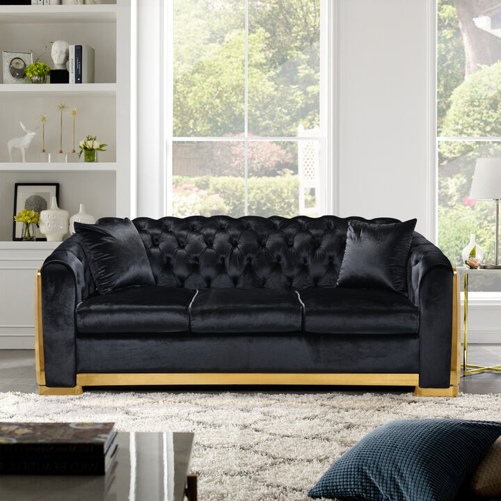Velvet Luxury Chesterfield Sofa Set, 84 Inches Tufted 3 Seat Couch with Gold Stainless for Living Room, Black Fabric