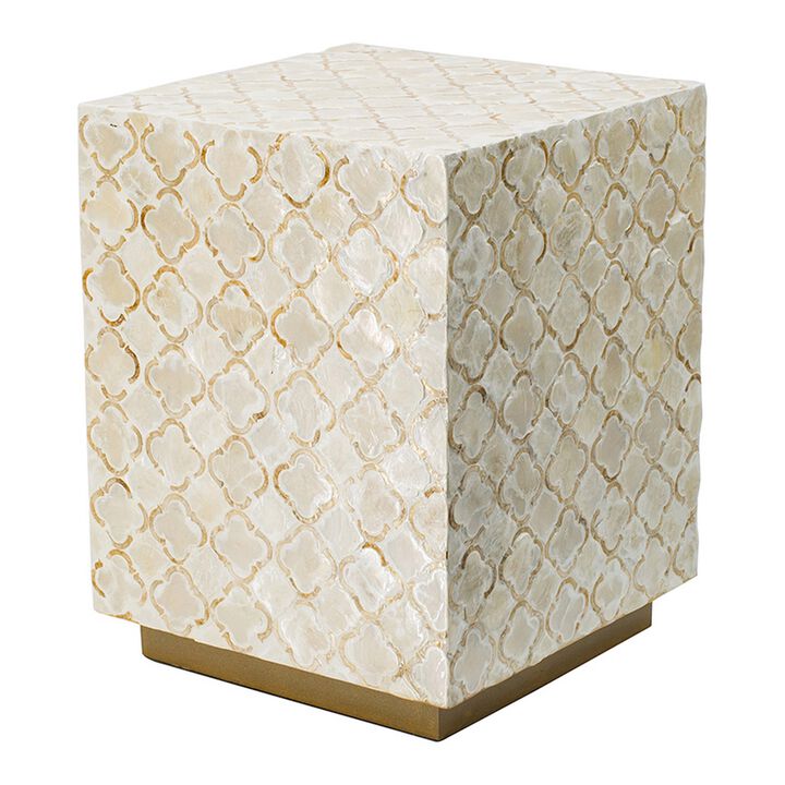 18 Inch Accent Side End Table Stool, Square, Cream Capiz, Gold Base - Benzara