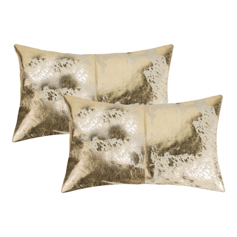 HomeRoots Set of Two 12" X 20" Natural And Gold Lumbar Cowhide Throw Pillows image number 4