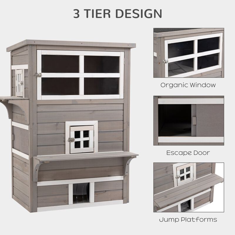 3-Tier Feral Cat House, Outdoor Kitten Condo Shelter with Raised Floor, Asphalt Roof, Escape Door, Jumping Platform, Grey