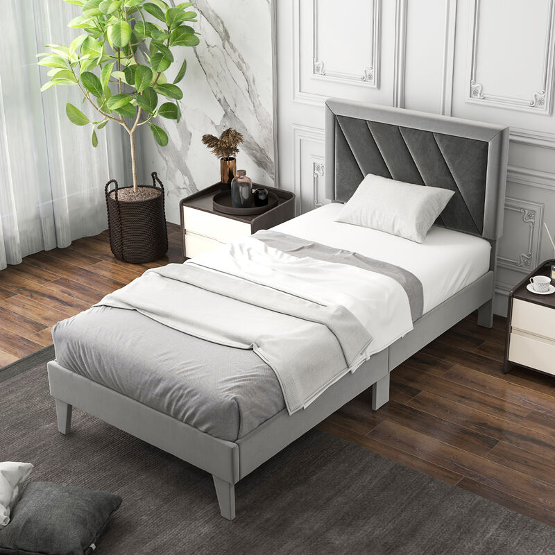 Platform Bed with High Headboard and Wooden Slats For Bedroom