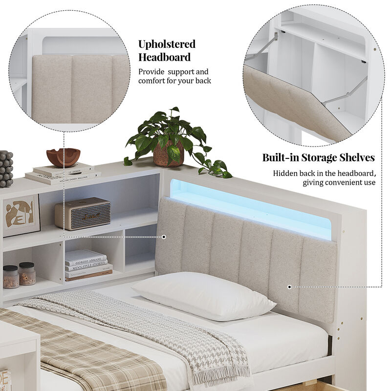 Merax L-shaped Wooden Daybed with Desk and Storage Bookcase