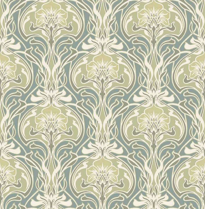Mucha Teal Botanical Ogee Wallpaper