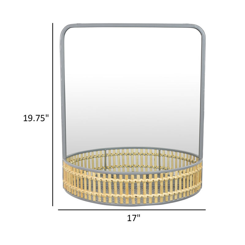 Elpis Wall Mirror Decor with Woven Shelf,  20 Inch Tall, Gray Metal - Benzara