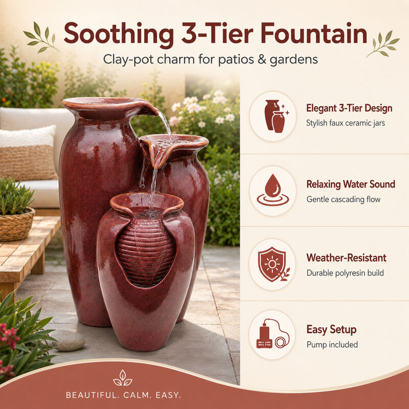 3-Tier Cascading Jars Outdoor Water Fountain, Red image number 2