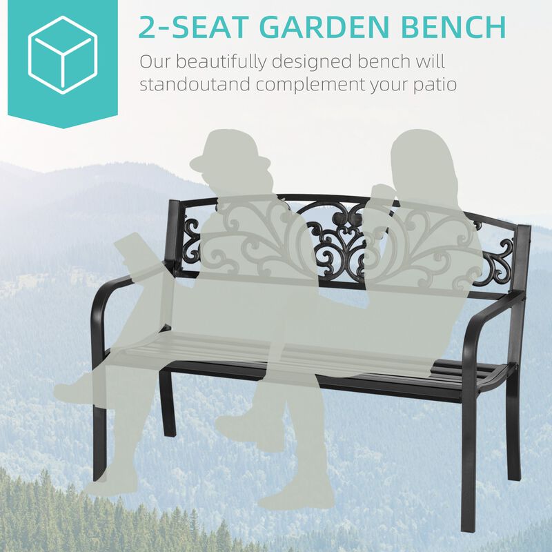 50" Outdoor Bench, Metal Garden Bench With Floral Pattern Backrest, Porch Bench With Slatted Seat image number 4