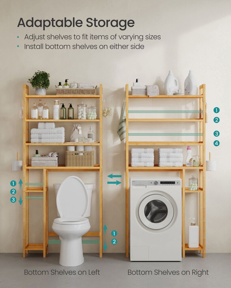 Over-the-Toilet Storage Shelf with Built-In Toilet Paper Holder and Adjustable Shelves