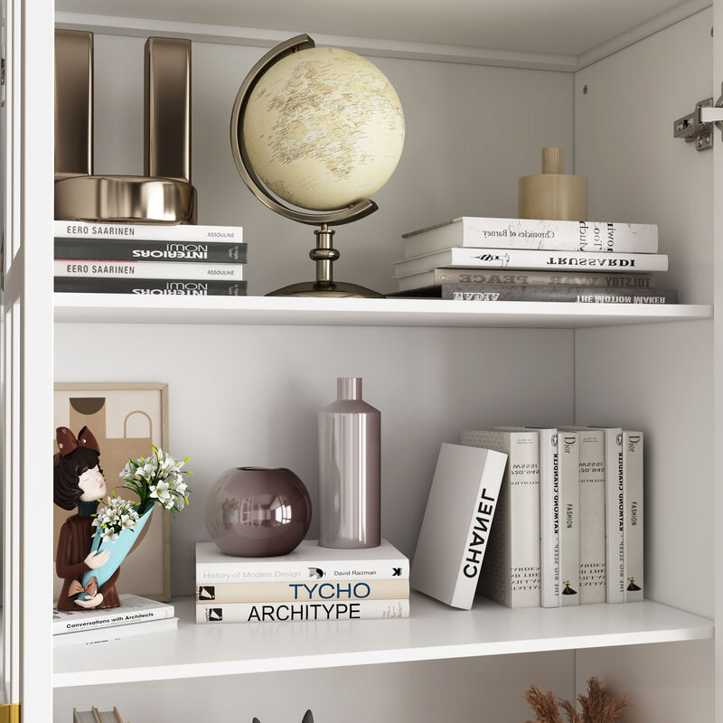 FUFU&GAGA Modern Bookcase with Glass Doors, 3 Fixed Shelves, and Spacious Drawers, Elegant Storage Cabinet for Living Room, Office, and Bedroom (70.1"H x 31.5"W x 15.4"D)
