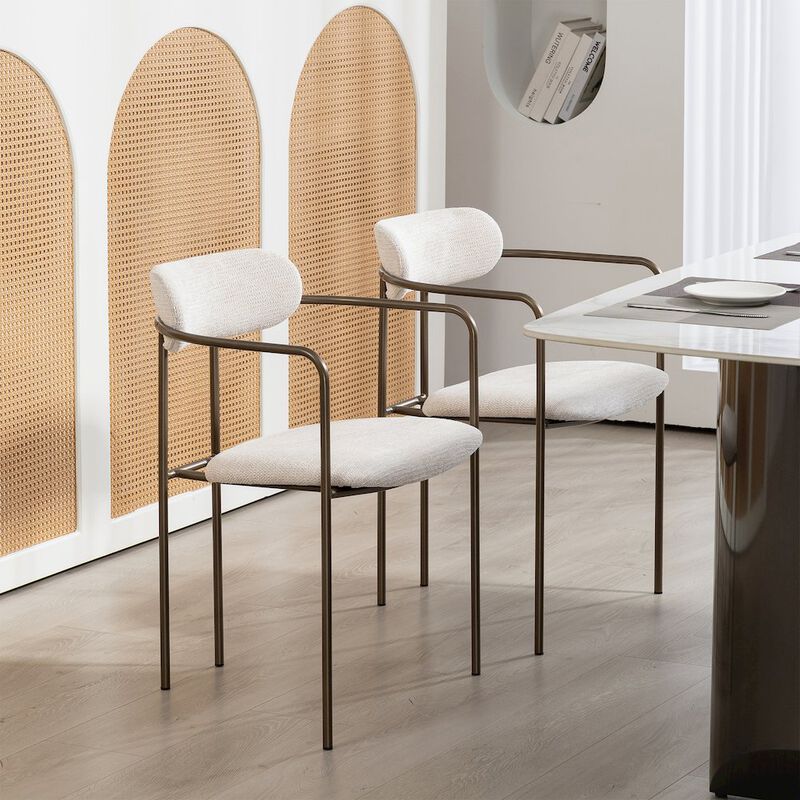Glamour Home Set of 2 Beige Woven Upholstered Fabric Dining Chair Brown Iron Arms and Legs