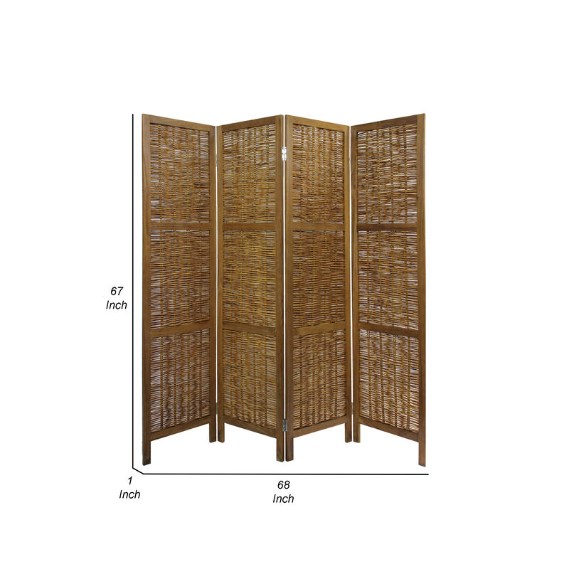 68 Inch Cottage Style 4 Panel Screen Room Divider, Willow Weaving, Brown - Benzara